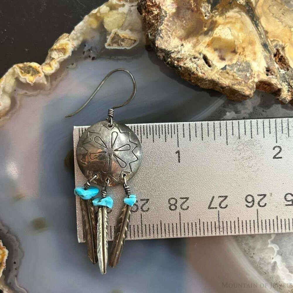 Vintage Native American Silver Turquoise w/Feather Dangle Earrings For Women - Picture 9 of 10